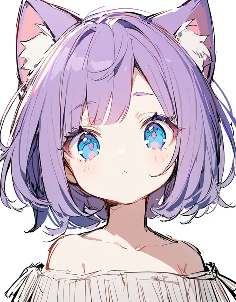 1 girl, (Sketches), (close), (Small body), (Pink Cheeks), (Cute cat ears),Purple Hair, (Short Bob Hair:1.4), (Blue eyes), (Big Hair) , (fringe), (More about the Strand), (White Background),