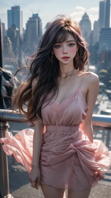 (New York Cityscape)、Highest quality、masterpiece、Ultra-high resolution、reality、Portrait、Elegant mature woman、blue eyes、Long Hair、Side bangs、(Translucent pink dress、mini skirt)、4K resolution、High-quality CG、Feminine pose、Fair、（The wind blows up my skirt）、(P...