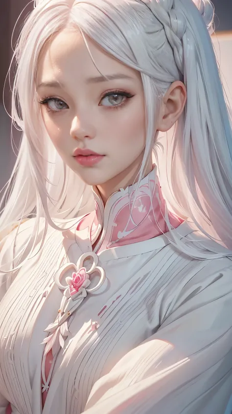 A close-up of a woman with long white hair and a pink shirt, a digital painting inspired by Ross Tran, art station, Digital art, Perfect white hair girl, Girl with white hair, guweiz style artwork, rossdraws 1. 0, 🤤 Portrait of woman ,Ross draws a portrait...