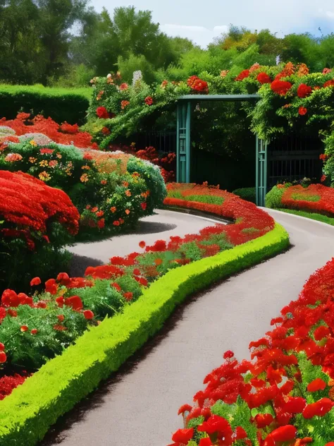 there is a gate in the middle of a garden with red flowers, flame shrubs, in red gardens, cottagecore flower garden, red blooming flowers, autumn overgrowth, glimpse of red, vibrant but dreary red, in a cottagecore flower garden, vibrant red and green colo...