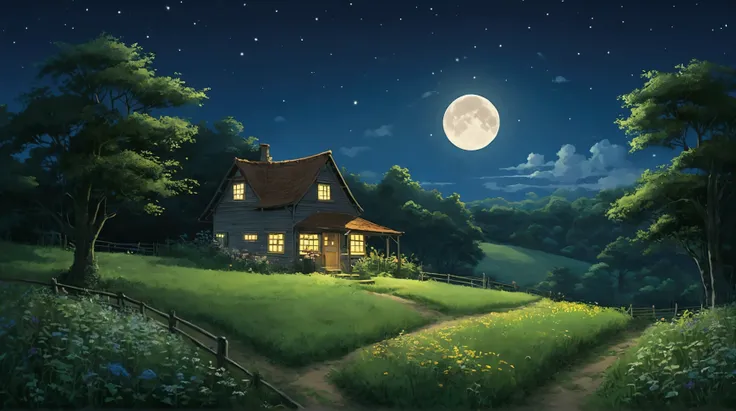 in the farm meadow , ((firefly, wild flower)), night time, bueatiful night, (((small))) beautiful full moon、Ghibli style、My Neighbor Totoro Scenery