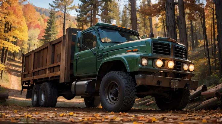 old american truck carrying logs, autumn forest, beautiful landscape, cover style, masterpiece