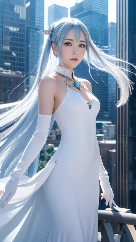 One person, High resolution, masterpiece, alone, anime, Absurd, Detailed face, Perfect Eyes, Azura (Fire emblem), Upper Body, whole body, White Dress, jewelry, White gloves, Cityscape, Holding, staff, sing