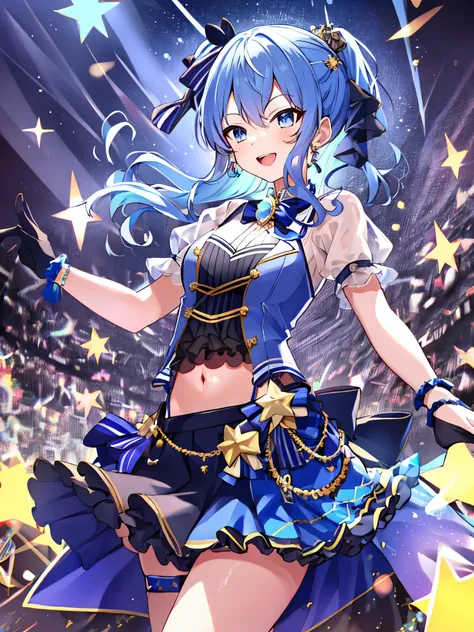 masterpiece, best quality, absurdres, 1girl, solo, Hoshimachi Suisei, light blue hair, blue eyes, happy, smile, parted lips, slender, sidelocks, sideponytail, toned, 
idol, idol clothes, hololive idol uniform, bowtie, blue skirt, brooch, dress, concert, on...