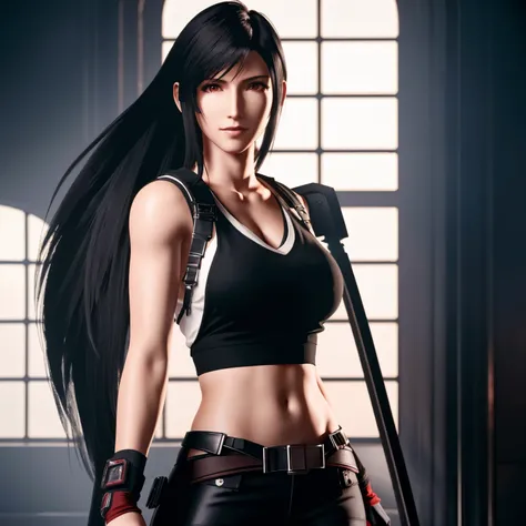 highly detailed photo of Tifa Lockhart posing, final fantasy 7 remake, red eyes, intricate, highres, 8k, detailed hair, detailed skin, masterpiece, very long hair,  award-winning photography, sharp focus, dramatic lighting, unreal engine 5, full body shot 