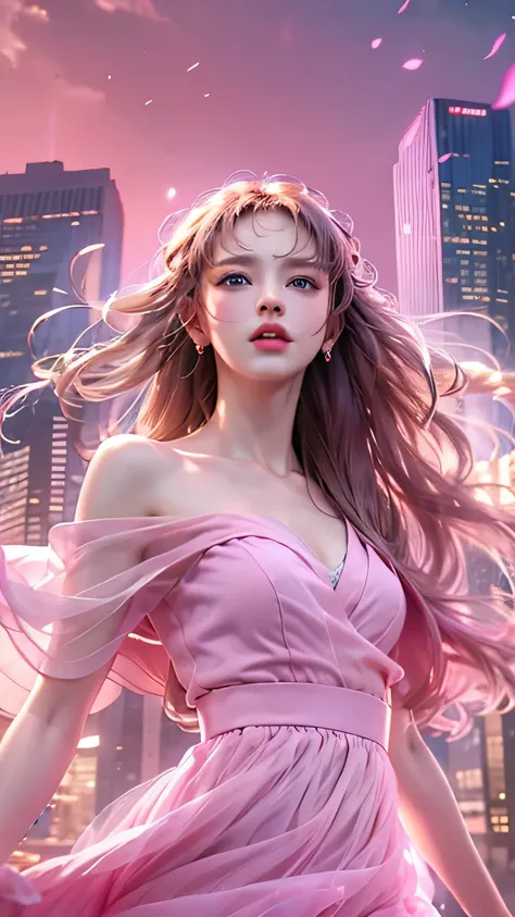 (New York Cityscape)、Highest quality、masterpiece、Ultra-high resolution、reality、Portrait、Elegant mature woman、blue eyes、Long Hair、Side bangs、(Translucent pink dress、mini skirt)、4K resolution、High-quality CG、Feminine pose、Fair、（The wind blows up my skirt）,