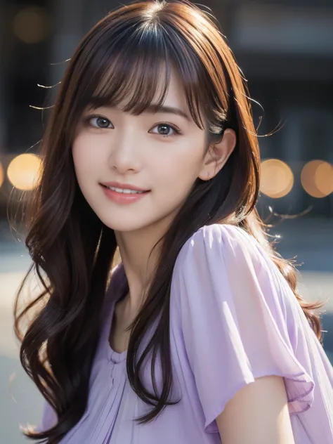 1 girl,(Wearing a light purple short-sleeved blouse:1.2),(RAW Photos, highest quality), (Realistic, Photorealistic:1.4), Tabletop, Very delicate and beautiful, Very detailed, 2k wallpaper, wonderful, In detail, Very detailed CG Unity 8K wallpaper, Very det...