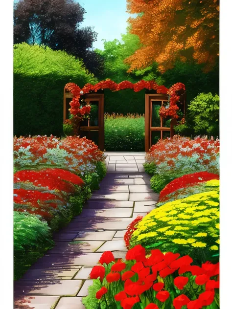 there is a gate in the middle of a garden with red flowers, a digital rendering by Pamela Drew, cg society contest winner, fine art, flame shrubs, in red gardens, cottagecore flower garden, red blooming flowers, autumn overgrowth, glimpse of red, vibrant b...