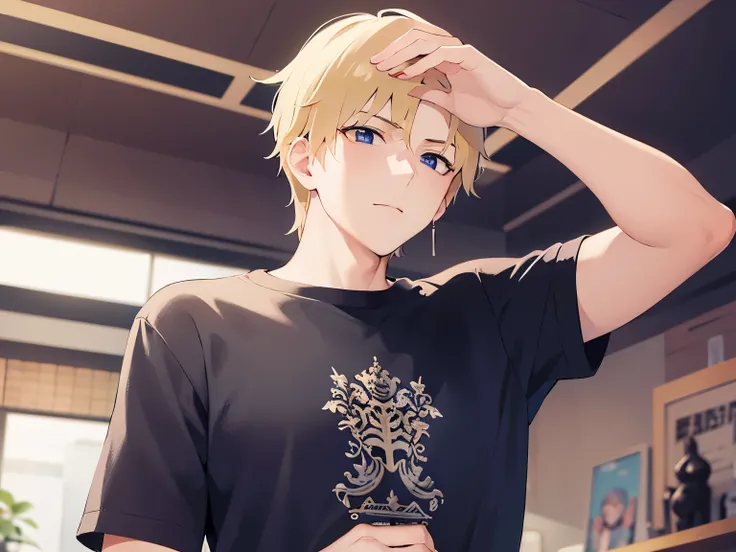 shiny skin,masterpiece,Highest quality,BREAK (A 29-year-old man:1.5) and (Blonde short hair) and (Light blue eyes)and(Wearing a shirt)BREAK,(Annoyed face),The background is the interior of a clothing store.,(alone:1.5),(arms up),(Biologically correct５Finge...