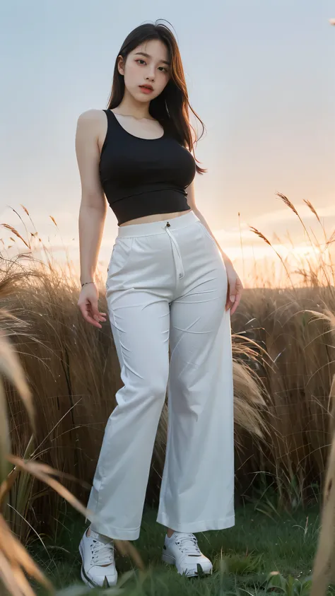 number, Ray Tracing, Radio City, Anisotropic filtration, 16,000, best quality, 1 woman, alone, mature,  beautiful young woman, shorts (((tight tank top, cloth pants ))) , Gradient long hair, laugh、sunset ,((big breasts)) (((standing in the tall grass))) Si...