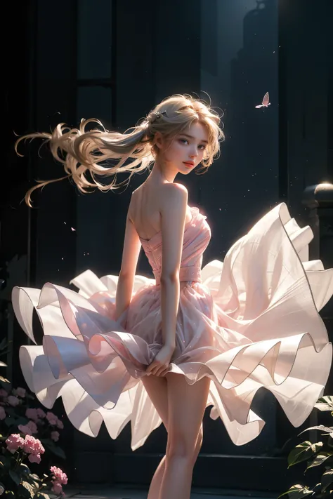 (New York Cityscape)、Highest quality、masterpiece、超High resolution、reality、Portrait、Elegant mature woman、blue eyes、Long Hair、Side bangs、(Translucent pink dress、mini skirt)、4K resolution、High-quality CG、Feminine pose、Fair、（The wind blows up my skirt）,(Lace p...