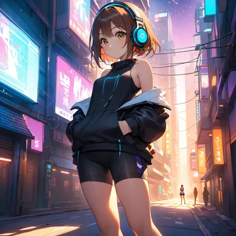 1 round-faced girl，Regular facial features，Big bright eyes，Brown hair，Wear high-tech headphones，whole body，Able-bodied，Bare shoulders，Big ，Hands behind back，Bare legs，Short skirt/shorts/Yoga Pants，Warm light and shadow，In the cyberpunk city，Starry Sky