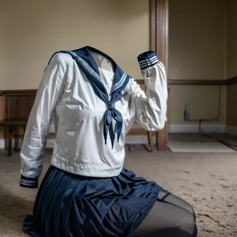 (invisible, no humans:1.5, headless:1.5, handless, legless), grey skirt, long sleeves, neck ribbon, red ribbon, ribbon, sailor collar, navy school uniform, skirt, navy sailor collar, (cute big breast), (from side), black tights, 
(8k, RAW photo, best quali...