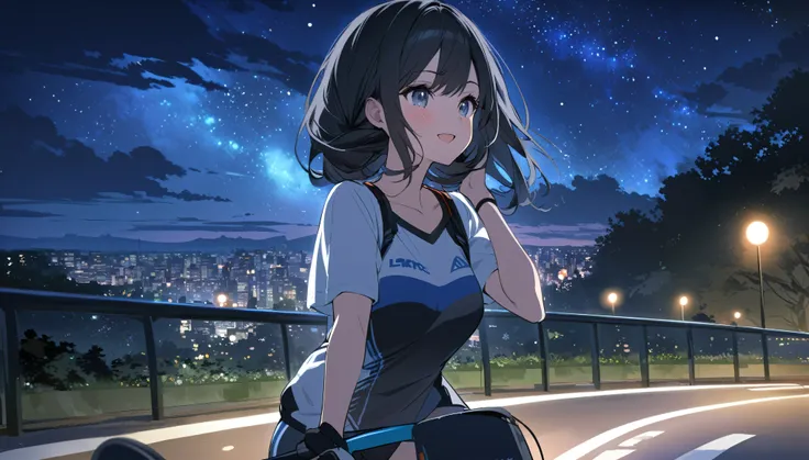 a beautiful young japanese woman with long black hair cycling through a park in tokyo at night, starry night sky, cityscape, listening to music