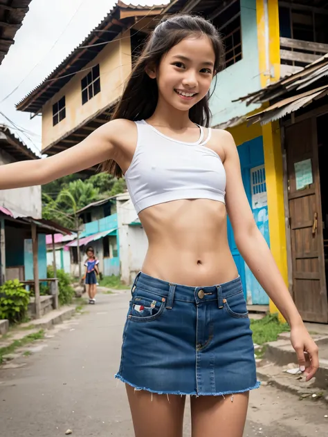 Elementary school student, too skinny, belly button exposed, shoulders exposed, rural town in the Philippines, smiling in the street, brown skin, casual clothes, jumping