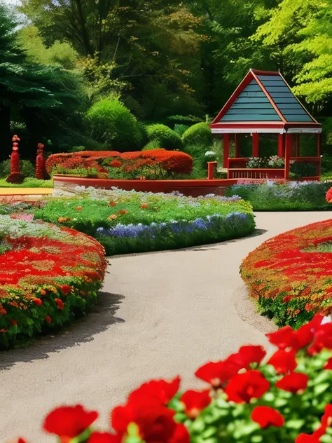 there is a gate in the middle of a garden with red flowers, flame shrubs, in red gardens, cottagecore flower garden, red blooming flowers, autumn overgrowth, glimpse of red, vibrant but dreary red, in a cottagecore flower garden, vibrant red and green colo...