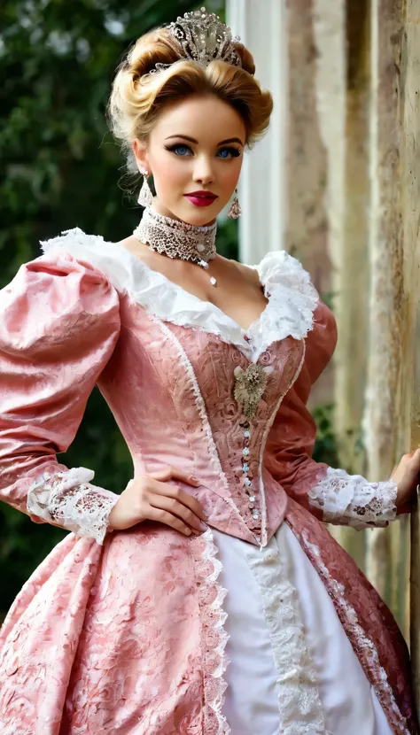 There is a beautiful woman, blue eyed blonde, (in a white and red dress), (Victoria style suit), 1 8 7 0 s Seasonal clothing, Victorian Clothes, victory, victorian dress, 1 8 8 0 s style, in victorian aristocrat, usando Victorian Clothes, intricate victori...