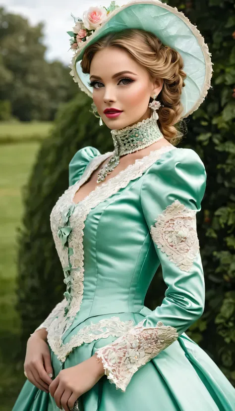 There is a beautiful woman, blue eyed blonde, (in dark-green and white dress), (Victoria style suit), 1 8 7 0 s Seasonal clothing, Victorian Clothes, victory, victorian dress, 1 8 8 0 s style, in victorian aristocrat, usando Victorian Clothes, intricate vi...