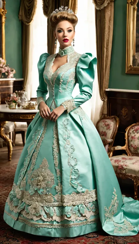 There is a beautiful woman, blue eyed blonde, (in dark-green and white dress), (Victoria style suit), 1 8 7 0 s Seasonal clothing, Victorian Clothes, victory, victorian dress, 1 8 8 0 s style, in victorian aristocrat, usando Victorian Clothes, intricate vi...