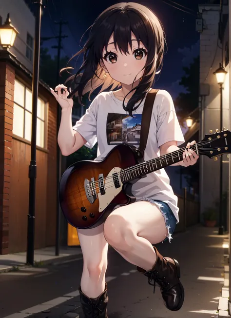 meet, azusa nakano, black hair, (brown eyes:1.5),long hair,red hair band,oversized t-shirt,short sleeve,denim,short boots,instru...