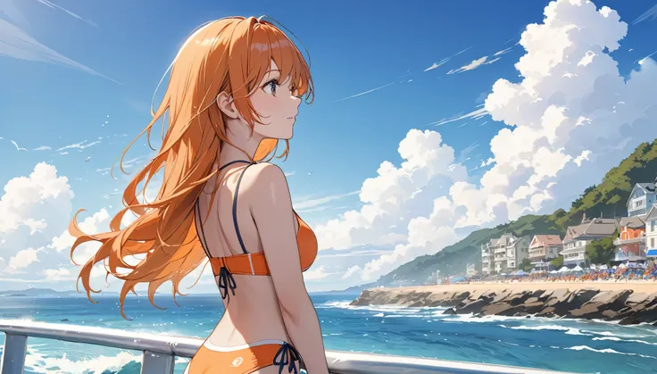 Highest quality,Woman gazing at the sea,Orange Hair,Swimwear,race,coastal,blue sky