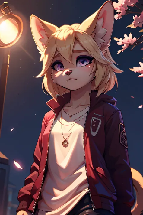 1 girl, blonde hair,  cat_ear, animal_ear, alone, dark_skin, tan_skin, อนาคตatเต็มไปด้วยหมอกนีออน,  summer jacket, Sakura falling, Vertical style, look_at_viewer, cinematic lighting,  eyeliner, put on makeup, Emotional,  Highly detailed, wide angle shot, S...