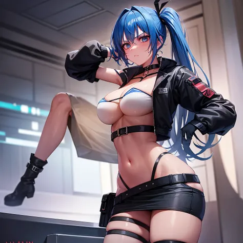 1girl, solo, long hair, breasts, looking at viewer, bangs, blue eyes, skirt, large breasts, thighhighs, long sleeves, navel, cleavage, hair between eyes, closed mouth, underwear, blue hair, standing, collarbone, panties, full body, ponytail, red hair, mult...