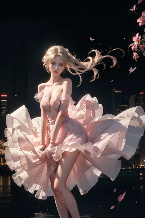 ((New York Cityscape))、Highest quality、masterpiece、超High resolution、reality、Portrait、Elegant mature woman、blue eyes、Long Hair、Side bangs、(Translucent pink dress、mini skirt)、4K resolution、High-quality CG、Feminine pose、Fair、（The wind blows up my skirt）,(Lace...