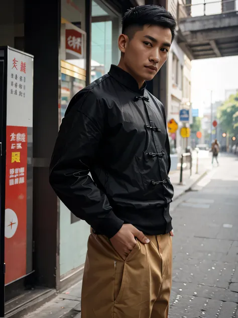 Chinese man 2, black undercut hair, standing Hands behind buttocks, front view, wearing fashionable clothes 