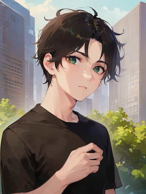 (looking away:1.5),upper body、
shiny skin, masterpiece、Highest quality、
(25-year-old male:1.5) and (Brown short hair) and (Green Eyes), 
(black shirt:1.5) 
downcast,park,(alone:1.5)