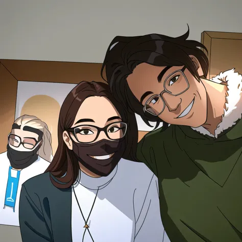 In the image you can see two young people posing together. They both wear masks and are very close to each other., showing smiles. One of them is wearing thick-framed glasses., while the other has longer and messier hair 