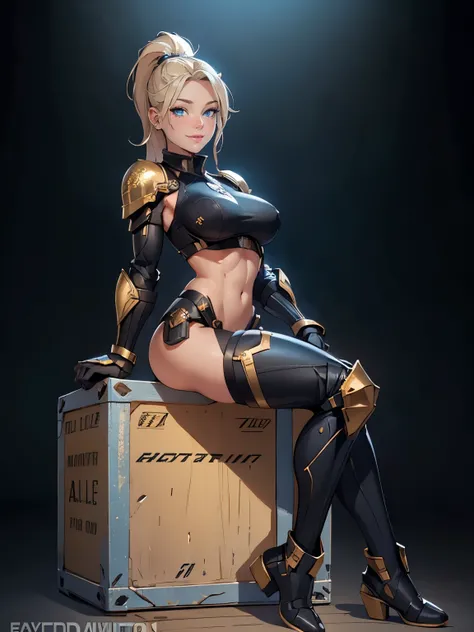 a young blonde girl, beautiful detailed blue eyes, beautiful detailed lips, extremely detailed face, long eyelashes, girl in black space armor with gold accents, ,sitting on a ammo crate , PIN Up pose,beautiful blue eyes, detailed muscular body, ponytail h...