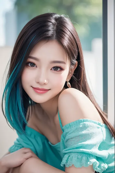 high quality, real、High resolution, Realistic、8k、masterpiece, detailed.impressive, Cutting-edge female photography portraits, Her colorful hair is tied up high、BREAK,Various hair colors 、wearing a pastel pink off-shoulder blouse with ruffled sleeves and a ...