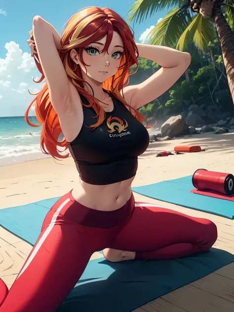 Sunsethuman, female, two tones of hair, red and yellow hair, as a yoga instructor, tight yoga pants, tight yoga shirt, yoga mat on beach, pokies