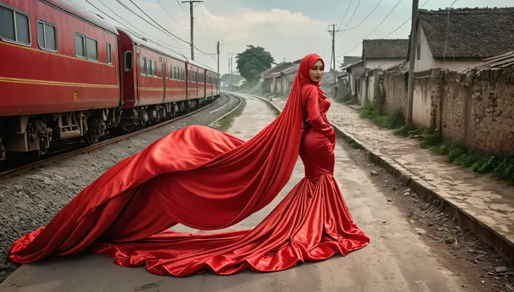 a woman shrouded in a 10-meter-long, plush red satin cloth, tightly bound and grandly draping along the form of her body, flowin...