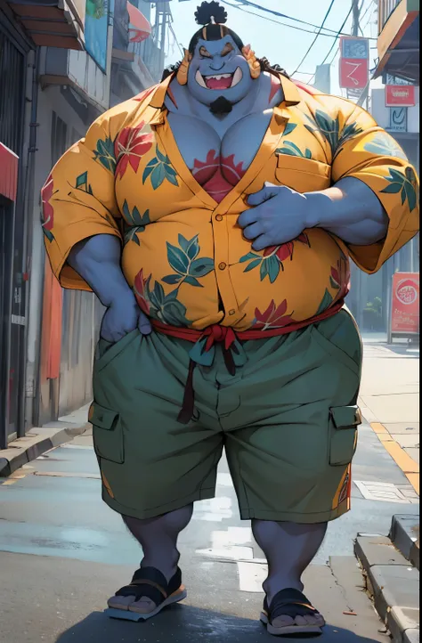 chubby man obese (jinbei) in street, blue skin, smile, obese, pectoral, wide pectoral, beach, palm, realistic, 8k, masterpiece, ...