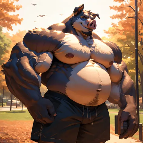 1boy, 1man, solo, a potrait (furry pig), (face:1.3, detailed face), chubby, fat belly, huge belly, Park, extremely huge muscular, massive muscular , (topless, shirtless, shorts), well-muscled old man. ((extremely muscle size, super thick arms, huge pec, hy...
