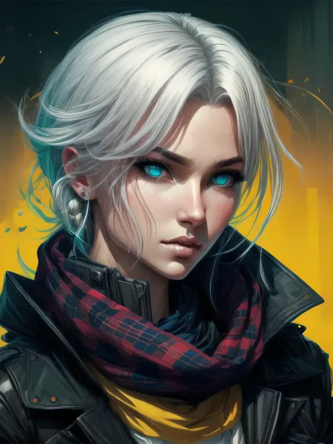 highly detailed portrait of halo, blue eyes, tartan scarf, white hair by atey ghailan, by greg rutkowski, by greg tocchini, by j...