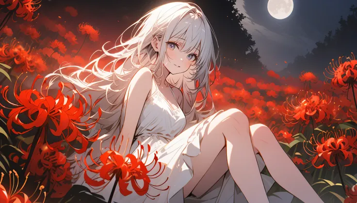 Beautiful girl with white hair, White Dress，Sitting in the flowers with legs crossed，Red spider lily，Flower Field，night，midnight，moonlight