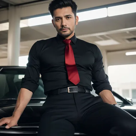 40 years old,One Man,Black Shirt、Red tie、Black slim pants、,Morning parking lot、mafia、Sitting with legs wide open、Hold a gun,logic,Gay ,Very short hair、,Stubble,Face of Turkey,Handsome Dad,Bulging in the crotch area of pants　Upper Body