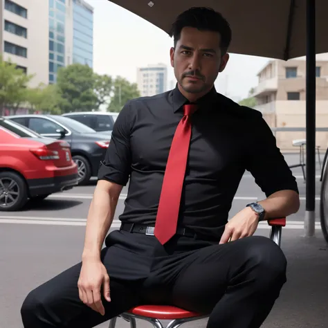 40 years old,One Man,Black Shirt、Red tie、Black slim pants、,Morning parking lot、mafia、Sitting with legs wide open、Hold a gun,logic,Gay ,Very short hair、,Stubble,Face of Turkey,Handsome Dad,Bulging in the crotch area of pants　Upper Body