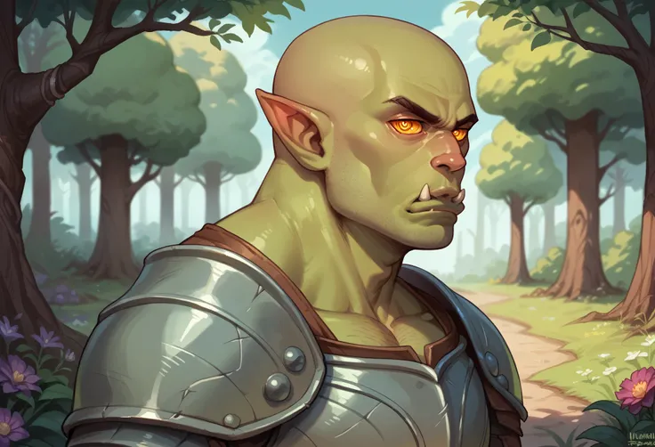 (1orc, solo, (head turning, suspicious) ), (orc is male wearing and armor, bald, muscular, (detailed eyes, face)),  (background, enchanted forest, flowers), (detail):1.1, (side view)