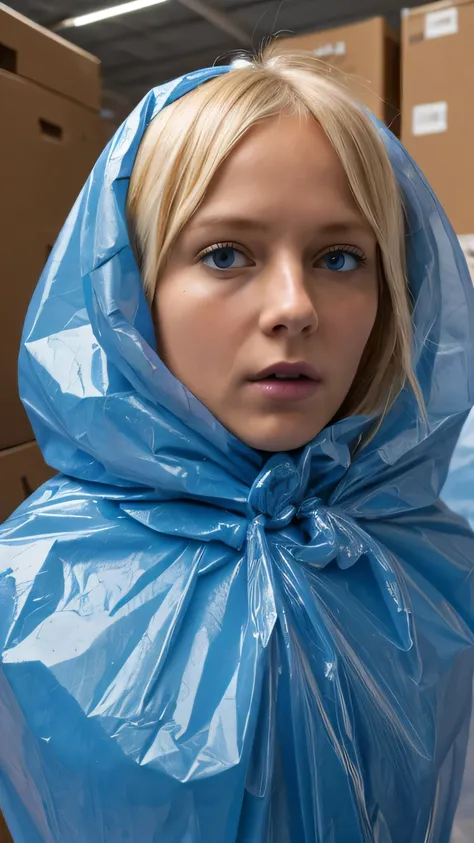 a faceless caucasian adult blond female figure completely wrapped up from head to toe in blue plastic garbage bags is tightly tied up with rope wrapped around her like a helpless living mummy, she is completely covered with plastic, she is squeezed inside ...