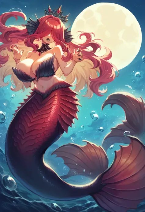 1girl, mermaid, siren, monster girl, long crimson hair, hair over eyes, black scales, huge breast, ocean, lorelei, frown, giant girl, flying, sharp tail, sharp scaled mermaid tail, black lipstick, red seashell crown, leviathan girl, multicolored hair, yell...