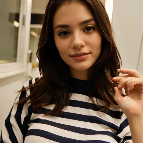 a close-up of&#39;a woman with a striped top 