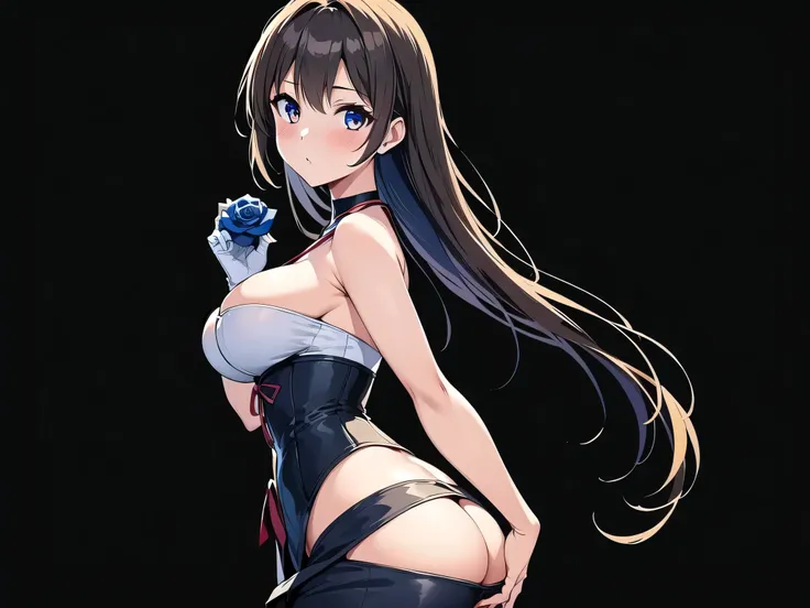 a beautiful realistic anime woman in a corset holding a rose in her hand holding in her free hand, view of 1 girl, symmetrical face, alone, realistic long dark brown hair, firm breasts, blue expressive eyes, gloves, looking at the viewer, random sexy pose,...