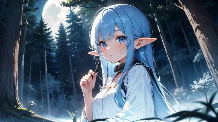 Moonlit forest clearing with a girl elf