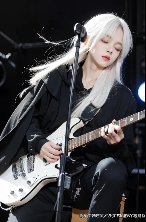 Long white hair, eyes hidden by long bangs, only nose and lips visible, playing guitar, black clothing,boy