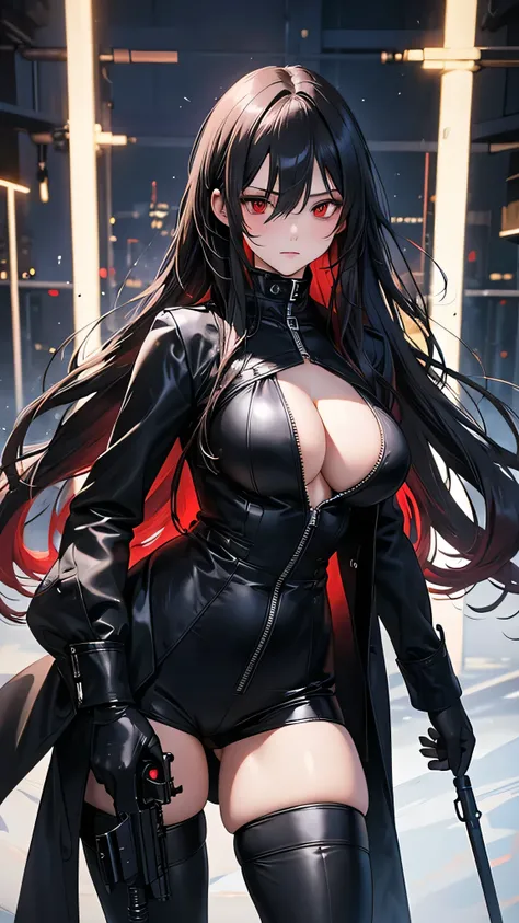 4K resolution,((Highest quality)),Ultra-high resolution,Adult women, alone, sexy, (Stern face), (Red eyes), Beautiful and symmetrical face, (Black irregular long hair), Black coat,Black suit pants,A mercenary woman,Realistic:1.4,Realistic:1.4,night,(master...