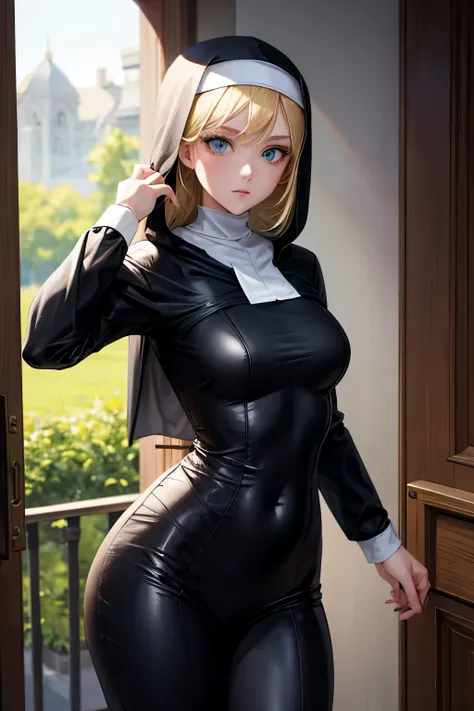 1girl, blond hair, green eyes, nun , beauty, young adult, skin tight clothes, no hood